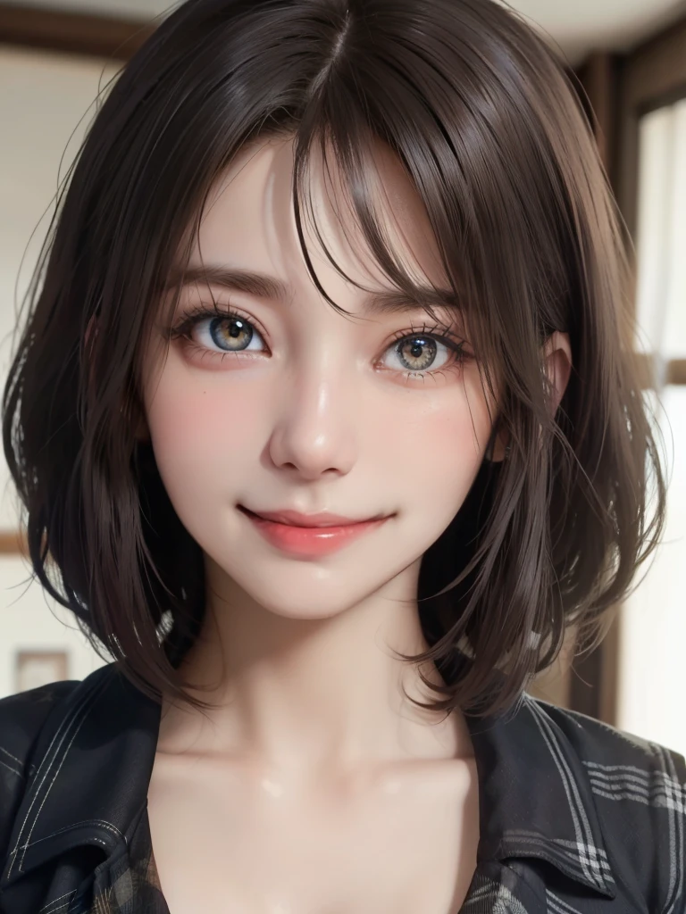 （A hyper-realistic：1.3）、（Photorealsitic：1.6）、（The ultra -The high-definition、top-quality、masutepiece：1.3）、（top-quality：1.4）、hight resolution、8K resolution、（Highly detailed detail：1.6）、（volumatic light） One Woman、Whole body OL、Standing Pose、‎Classroom、(See-through white school shirt with buttons:1.6)、(Buttonless shirt:1.6)、(breasts looking:1.6)、(Very short plaid skirt:1.6)、(a navel:1.6)、(high-heels:1.2)、(F-cup:1.6)、{gigantic|Big|Huge|mega} breasts, cleavage、 (beauitful face:1.9)、(A detailed face:1.6)、(A detailed eye:1.5)、(Eye lashes:1.4)、(A smile:1.6)、(Detailed shiny bob hair:1.3)、Very tall、190cm Supermodel、clean long legs、neck long、beautiful short shiny hair with bangs,,,、((extremely beautiful lady、Symmetrical very beautiful face、Beautiful teeth、Expressive cute smile、asymmetrical bangs))、((Vivid landscape background rich in nature))