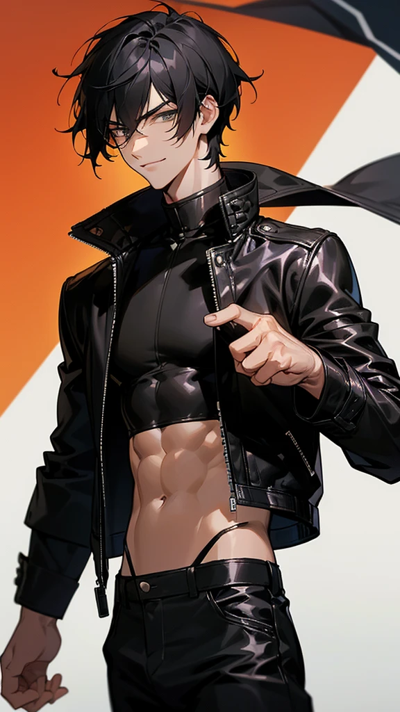 A handsome young man,no more than 22,deep amber eyes and messy jet black hair. Well-defined face with a strong jaw and a smirk. He wears a black leather jacket opened in the front,showing off his belly and pants.