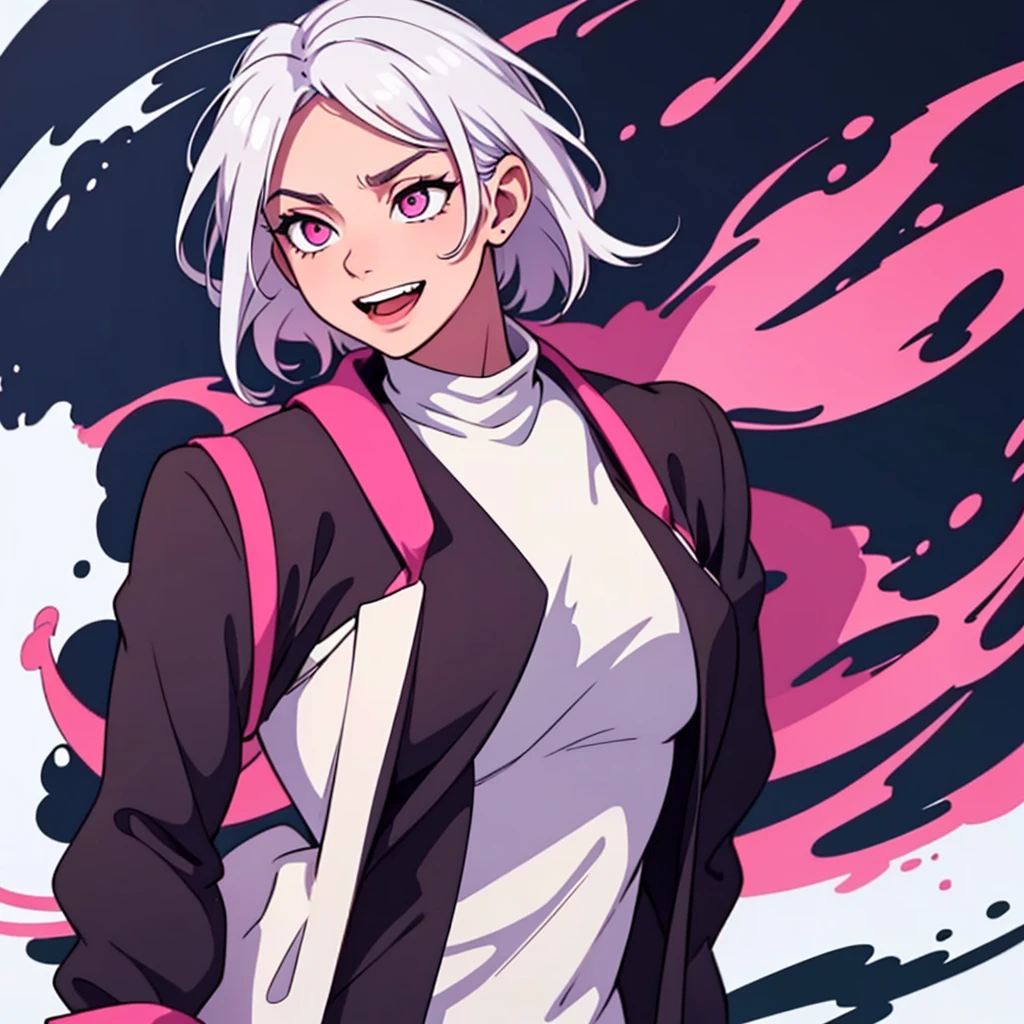 short white hair, highres, high resolution, masterpiece, wide dark pink eyes, looking right, looking towards the right, looking rightward, talking, grinning, confident, masterpiece, best quality, highres, 1 man, Gojo Satoru jujutsu kaisen, wavy hair, white hair, medium short hair, teenager, colorful hair, light background, full body, teenager, colorful parts, symbols, dark , bold, realistic mixing dark lines and loose lines, bold lines, on paper, human man, full body, imposing pose, stylish outfit, dark theme, beautiful, pretty, modest, standing, male, sharp chin, high cheekbones, white background, highres, high resolution, masterpiece, laughing, laugh, mouth wide open, laughing a lot, laughing loudly