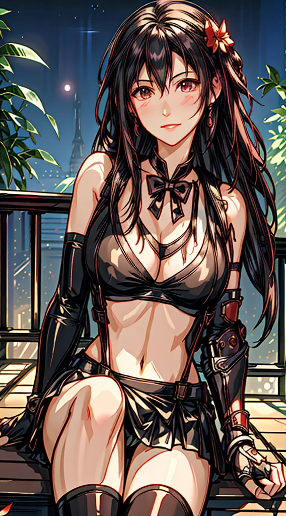 (8k、highest quality、MASTERPIECE:1.2)、(photorealistic:1.3)、Super Detailed、girl 1 person、mature、solo、(Tifa Lockheart)、(big chest)、(((huge lift clothes to show bra)))、(((black bra)))、(beautiful eyes)、(smiling:1.2)、(Closed)、erotic pose、dance、neons、street scenery、Depth Of Field、Dark and strong shadows、Sharp focus、auto、motion blur、bike、Depth Of Field、composition、Glowing green light、Final Fantasy VII, (nose blush)、Single Elbow Pad、Ankle Boots、dark black hair、toned thighs、red boots、Elbow Gloves、Elbow pads、Fingerless Gloves、Taut Shirt、sports bra、(suspenders), (Black Skirt)、thights、white tank top、All over body、head rest、Lips、Facial、Low Tai Long Hair、(red_Ojo)、Yellow flowers、(night:1.3)、Complex、Bokeh、Cinematic Lighting、Photon mapping、Radiosity、physically based rendering、(Tetsuya Nomura Style)、NSFW、Perfect Breasts