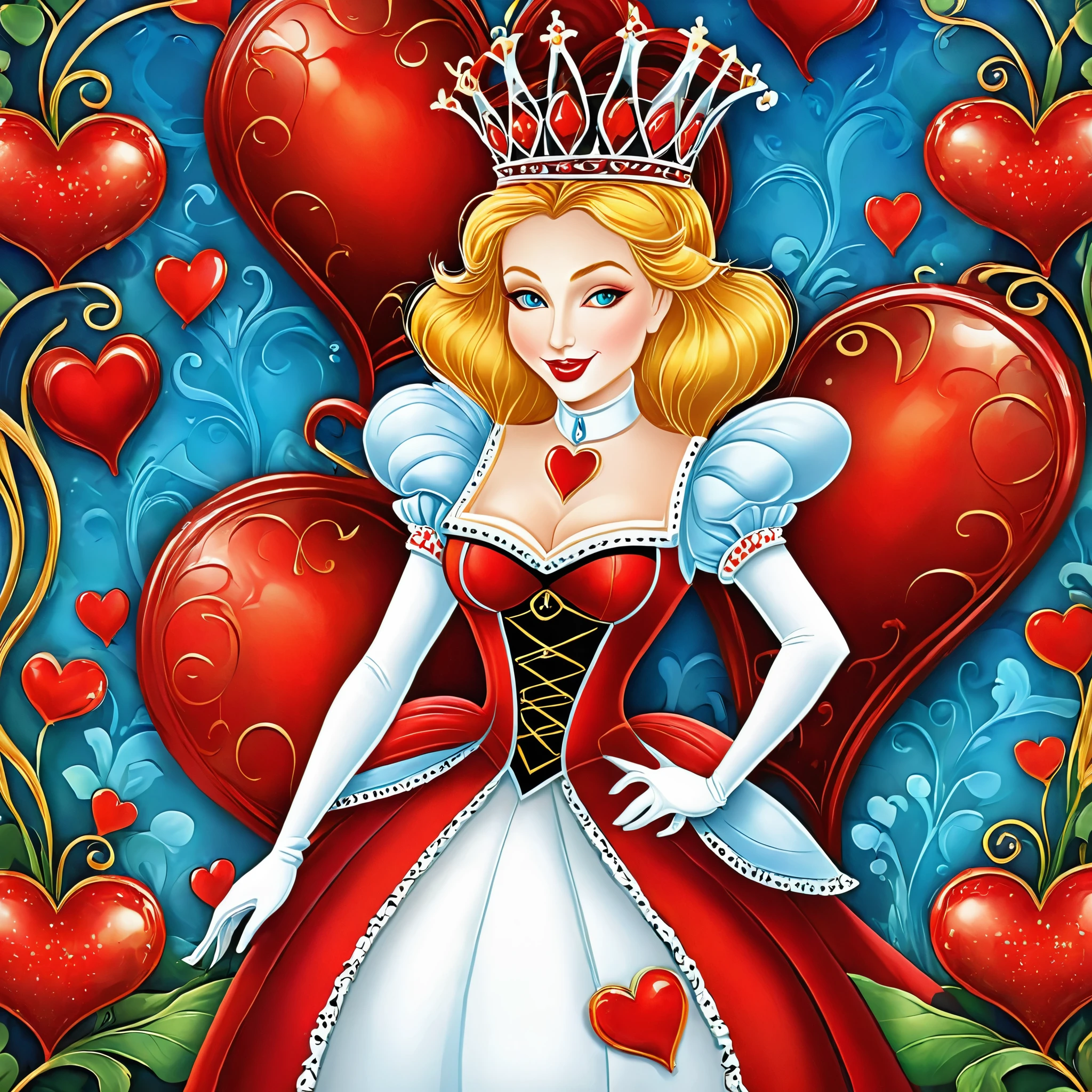 Create a digital artwork of The Queen of Hearts from Alice in Wonderland in a whimsical and colorful style. Emphasize her distinctive features, such as her red heart-shaped crown, extravagant red gown, and her stern yet comical expression. Ensure that she is depicted against a vibrant, fantastical backdrop that reflects Wonderland's peculiar charm.