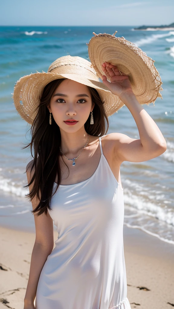 one girl,Beutiful women,Photograph the whole body,At morning,Along the coast,Put on earrings,Wear a silver necklace,Wear a white dress,Wear a straw hat,Random pose