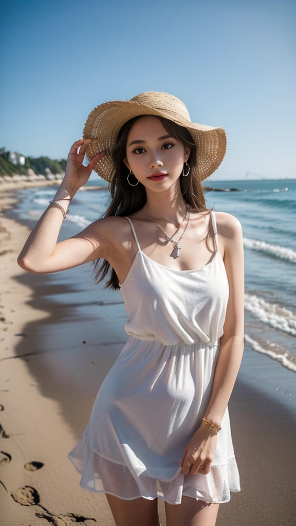 one girl,Beutiful women,Photograph the whole body,At morning,Along the coast,Put on earrings,Wear a silver necklace,Wear a white dress,Wear a straw hat,Random pose