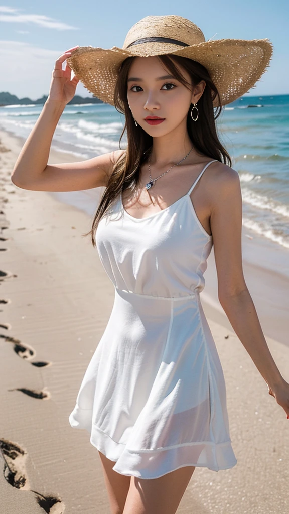 one girl,Beutiful women,Photograph the whole body,At morning,Along the coast,Put on earrings,Wear a silver necklace,Wear a white dress,Wear a straw hat,Random pose