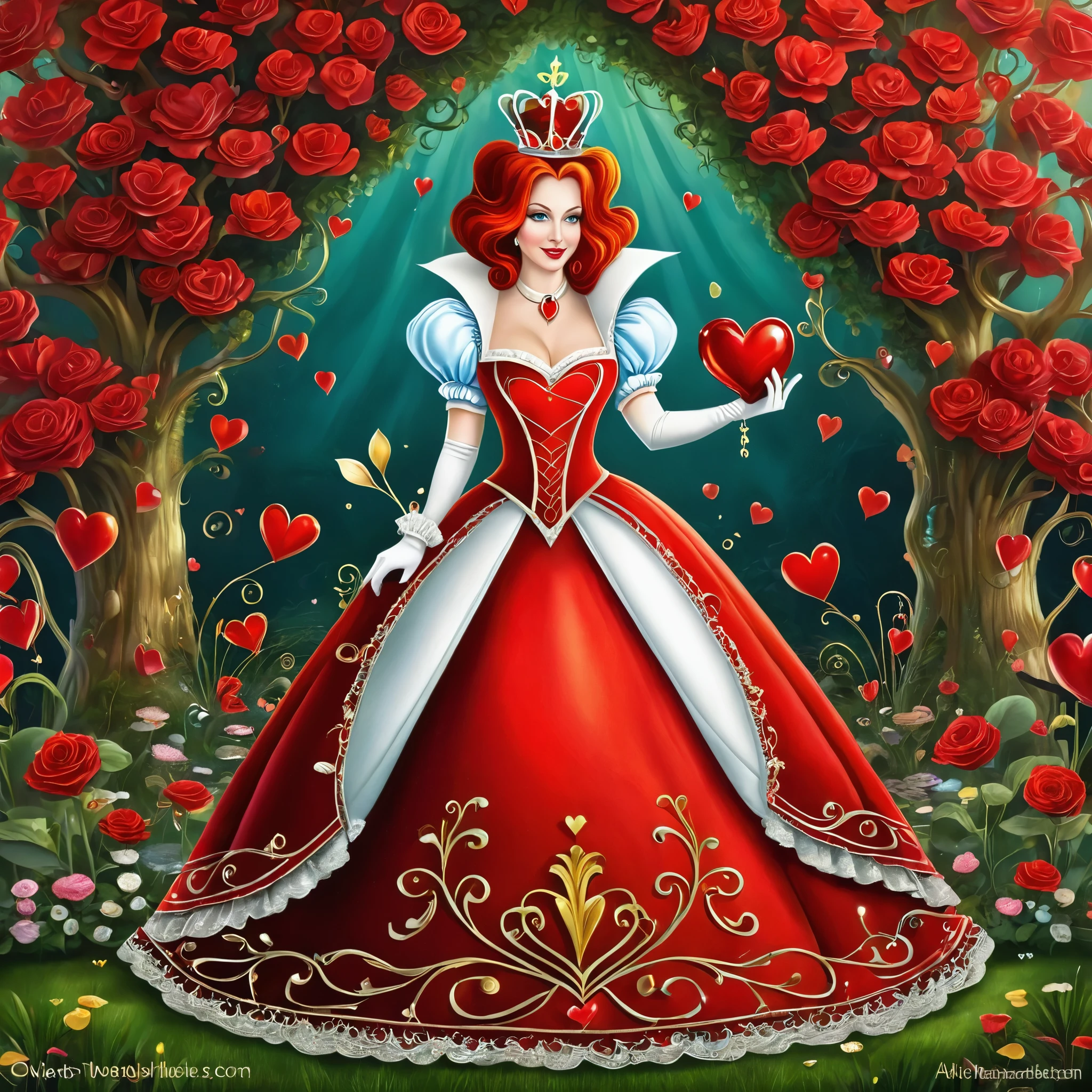 Create a digital artwork of The Queen of Hearts from Alice in Wonderland in a whimsical and colorful style. Emphasize her distinctive features, such as her red heart-shaped crown, extravagant red gown, and her stern yet comical expression. Ensure that she is depicted against a vibrant, fantastical backdrop that reflects Wonderland's peculiar charm.