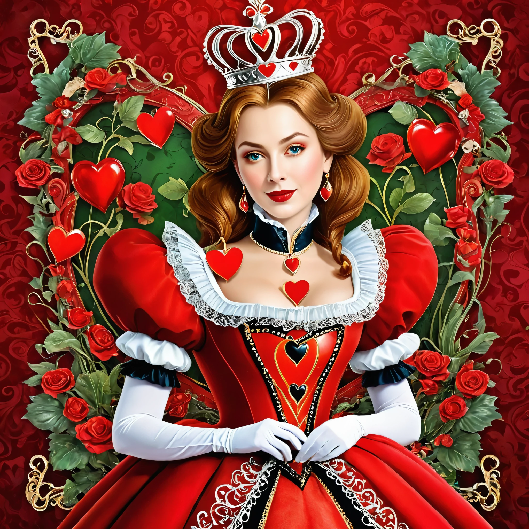 Create a digital artwork of The Queen of Hearts from Alice in Wonderland in a whimsical and colorful style. Emphasize her distinctive features, such as her red heart-shaped crown, extravagant red gown, and her stern yet comical expression. Ensure that she is depicted against a vibrant, fantastical backdrop that reflects Wonderland's peculiar charm.