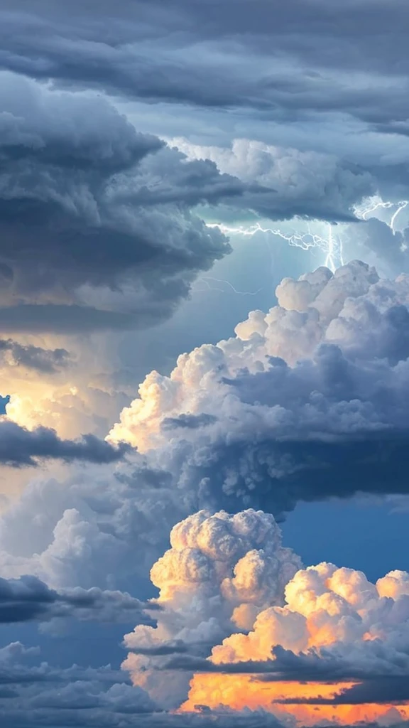 Cumulonimbus clouds, thunder, lots of strong lightning, big cumulonimbus clouds, natural threat