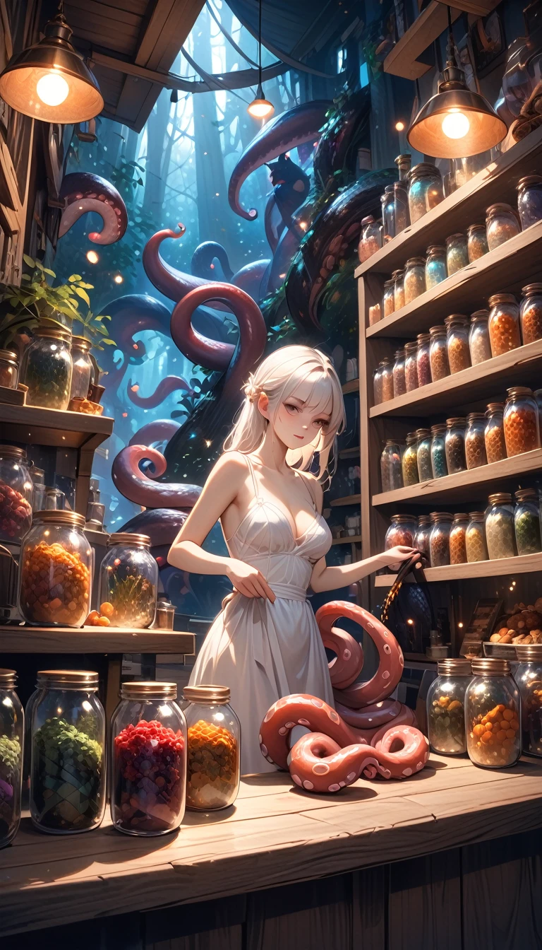 a sexy girl in a sexy dress tends the store at the counter, fantastic store, Fantasy world, dark, disturbing, strange, unnatural, (Rembrandt Lighting: 1.3) light particles, lens flares, store with several tentacles inside large jars, , a woman shopping, live tentacles for sale inside jars, side chest, forest cat on stage, close-up of the upper part of the body, artistic masterpieces that will go down in history, fantastic backgrounds, memorable scenes, fantastic angles (masterpiece : 1.2), (best quality: 1.2), intricate details, newest, AI generated (Bill Sienkiewicz inspired art, intricate details, oil painting)