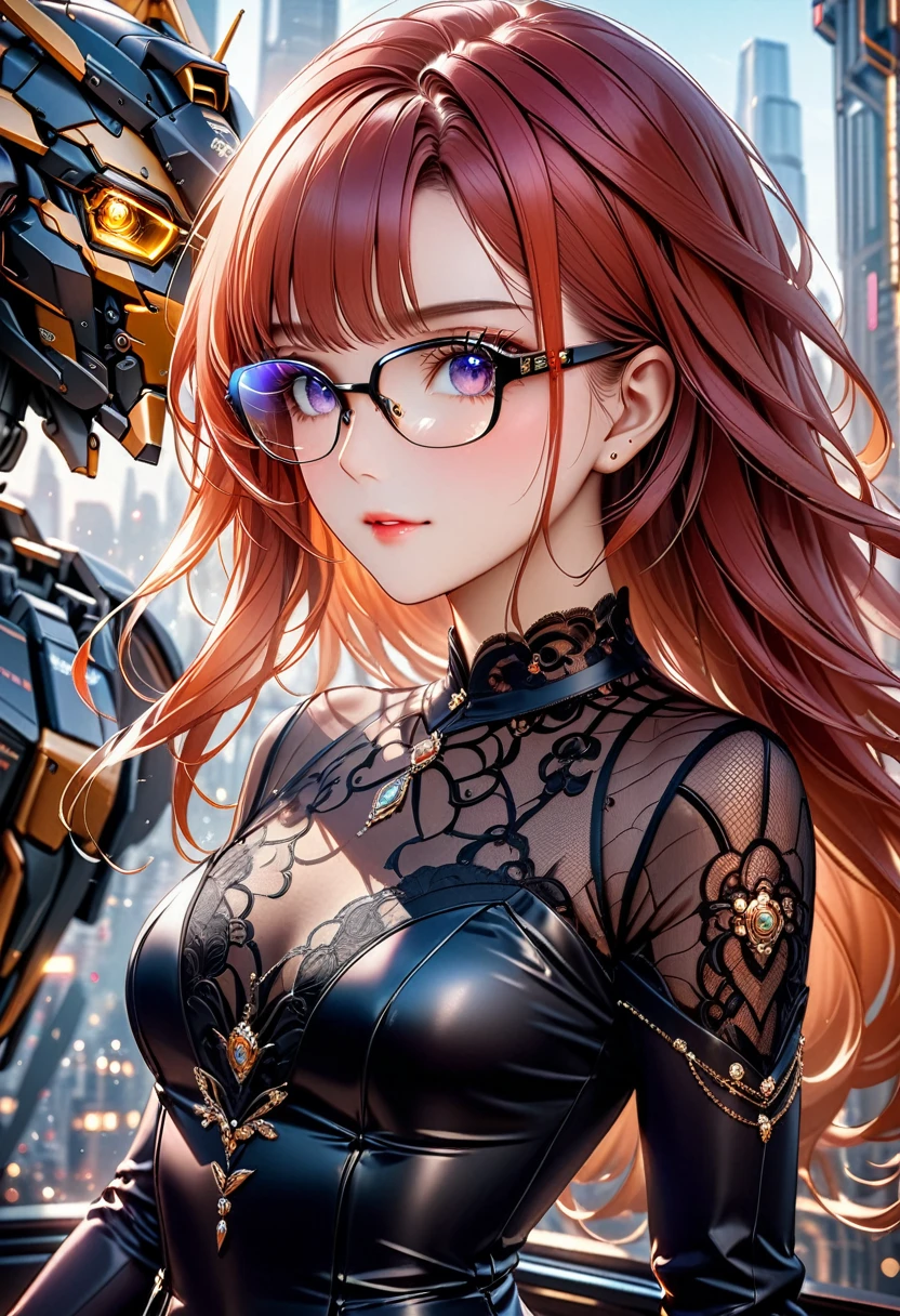 Arafed a picture of a human female spy, wearing dark suit, wearing ((mecha glasses: 1.5))exquisite beautiful female, dynamic  eye color, dynamic hair color, dynamic hair style, (wearing elegant intricate details glasses: 1.3), dynamic color glasses, dynamic style glasses, glasses has intricate mechanical part in it, a high society gala event background, (Masterpiece: 1.5),  Vibrant, Ultra-high resolution, High Contrast, masterpiece:1.2, highest quality, Best aesthetics), best details, best quality, highres, ultra wide angle, 16k, [ultra detailed], masterpiece, best quality, (extremely detailed), Mechanical Creatures