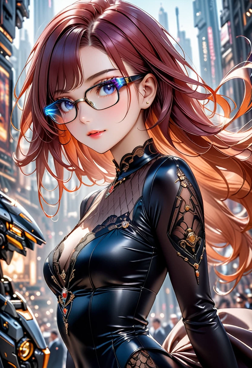 Arafed a picture of a human female spy, wearing dark suit, wearing ((mecha glasses: 1.5))exquisite beautiful female, dynamic  eye color, dynamic hair color, dynamic hair style, (wearing elegant intricate details glasses: 1.3), dynamic color glasses, dynamic style glasses, glasses has intricate mechanical part in it, a high society gala event background, (Masterpiece: 1.5),  Vibrant, Ultra-high resolution, High Contrast, masterpiece:1.2, highest quality, Best aesthetics), best details, best quality, highres, ultra wide angle, 16k, [ultra detailed], masterpiece, best quality, (extremely detailed), Mechanical Creatures