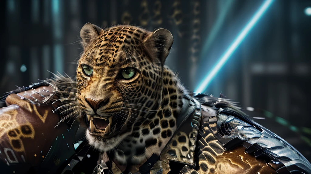 (((one leopard mask))), neon lights, (RTX) cinematic film shot in 70mm, depth of field, vivid colors, (best quality,ultra-detalhado,Realistic:1.37), (8k, ARTISTIC photography, best quality, masterpiece: 1.2), (realistic, photorealistic: 1.37), over-detailed, (high-detail skin: 1.2), 8k UHD, SLR camera, soft lighting, high quality, film grain, cinematic lighting, photonic display, brightness, physically rendered photo, extremely high-quality graphics, over-detailed face, (((cinematic lighting))), ((clear details)), (( body lightning effect)), ((sitting thron)),