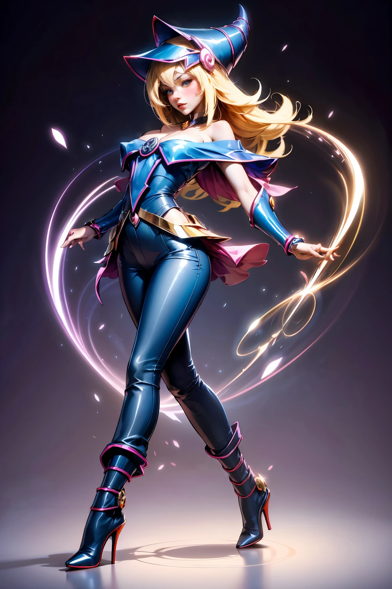 dark magician gils, with high-heels. pants, sexy, Subjective and sensual pose. magic background. Magical heart in the air. magic circle