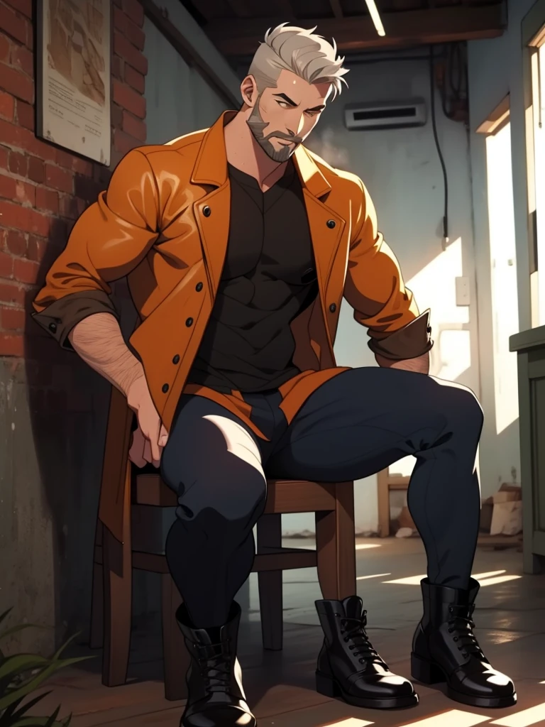 Male, Human, White short hair, fit build, leather brown jacket, full body, gray hair and brown full beard
