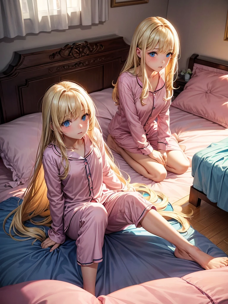 an girl, Blonde, blue eyes, loose hair, lying in her bed with a somewhat sick face, in pink full body pajamas, There is an adultnext to her sitting on the bed to take care of her., black hair, black eyes