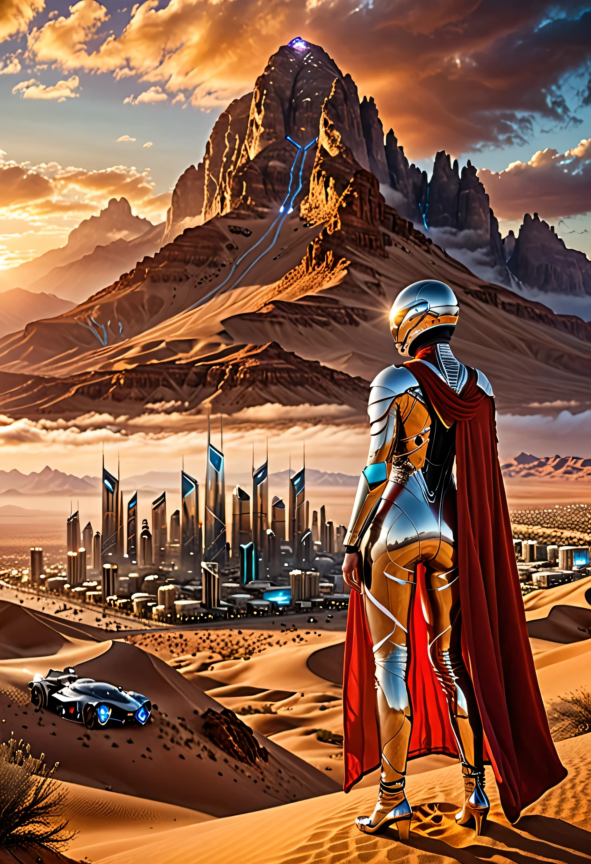 Mountain at sunset, a futuristic city in the desert as background, low clouds cover mountain, realistic+high intricate details, colorful clothing, full bodies, 16k.