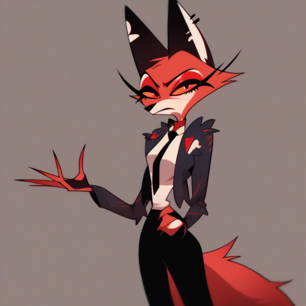 (Vivziepop style), anthro, canid, female, mammal, solo, (by vivzmind) (helluva boss)Solo female,Furry,Fox ,Red fox,Dark red feathers,Fox,Black fox ears with red tips,Red eyes with black skeral,Vintage style,Short hair ,with wavy dark red tips,A long jacket with a dark red collar,white shirt,With a clock on it black tie, black trousers, dark red fluffy fox tail,


