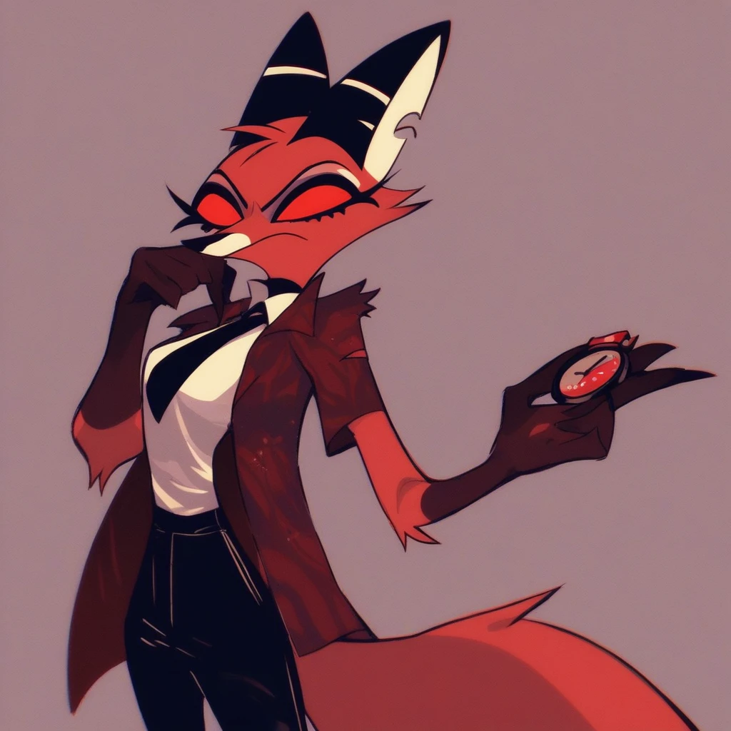 (Vivziepop style), anthro, canid, female, mammal, solo, (by vivzmind) (helluva boss)Solo female,Furry,Fox ,Red fox,Dark red feathers,Fox,Black fox ears with red tips,Red eyes with black skeral,Vintage style,Short hair ,with wavy dark red tips,A long jacket with a dark red collar,white shirt,With a clock on it black tie, black trousers, dark red fluffy fox tail,


