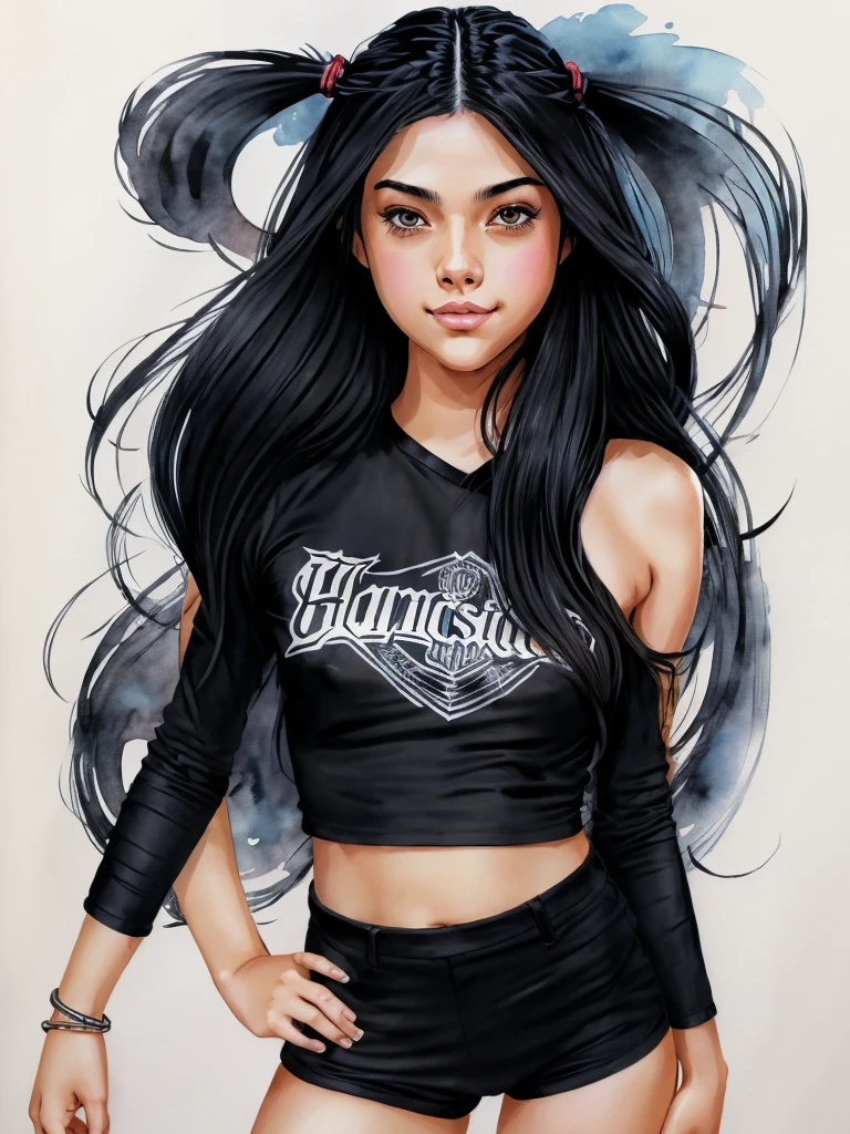 Masterpiece, ultra detailed comic drawing of 1girl,harmony wonder, long black hair, wearing causual black shirt and short, watercolor, 8k, art by Manara, high resolution, perfect face and body