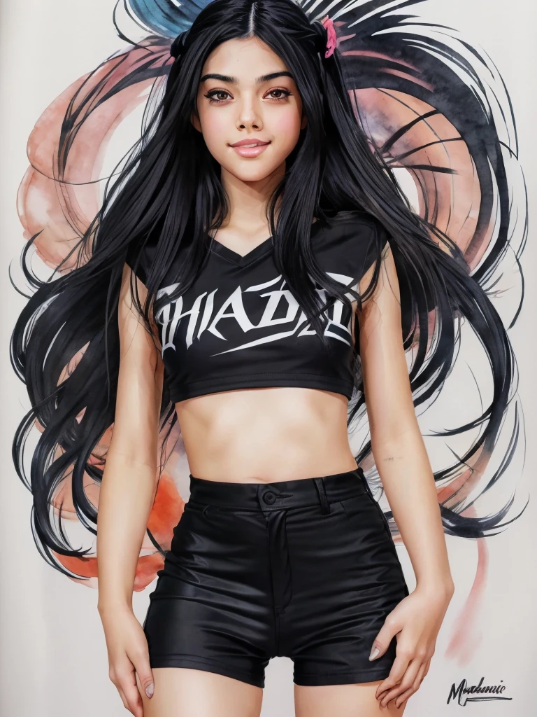 Masterpiece, ultra detailed comic drawing of 1girl,harmony wonder, long black hair, wearing causual black shirt and short, watercolor, 8k, art by Manara, high resolution, perfect face and body