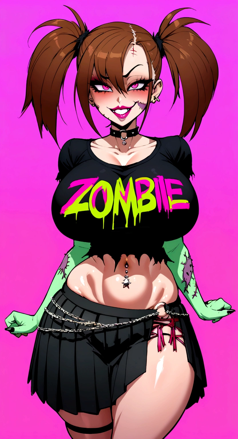 big lips, Brown hair, pink eyes, japanese face, improve, improve grin, two sides up, huge breasts, Wide hips, sexy, detailed, pink room, Hits, (evil smile1.4), kawaii, pleated skirt, punk, GOOD, zombie costume, zombie shirt, zombie choker, zombie skirt, dezombie shirt,navel piercing