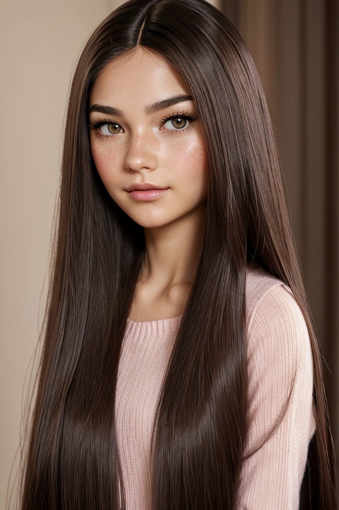 Hair: long, straight and dark in color.
fur: Clara with a slight blush on her cheeks and some visible freckles.
Eyes: Large and brown, with long dark eyelashes.
Eyebrows: Of moderate thickness and dark color.
lips: Medium-sized, with a natural and slightly pink tone.
face: Oval with a soft and youthful appearance.
Make a blythe doll