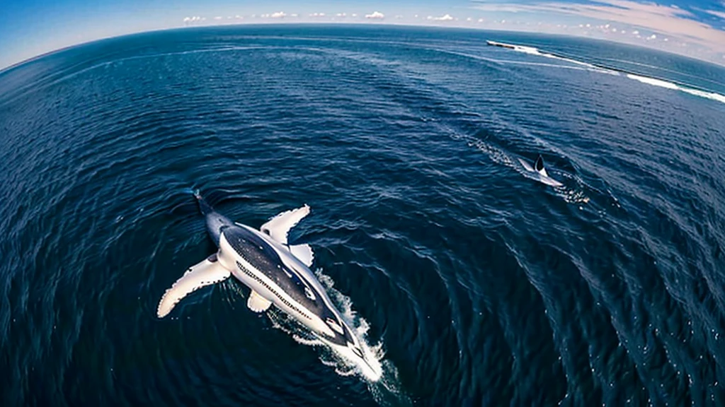 In the clear, beautiful sky、A big whale with its mouth wide open、Flying with its pectoral fins spread like airplane wings。The giant body is very streamlined and beautiful.。