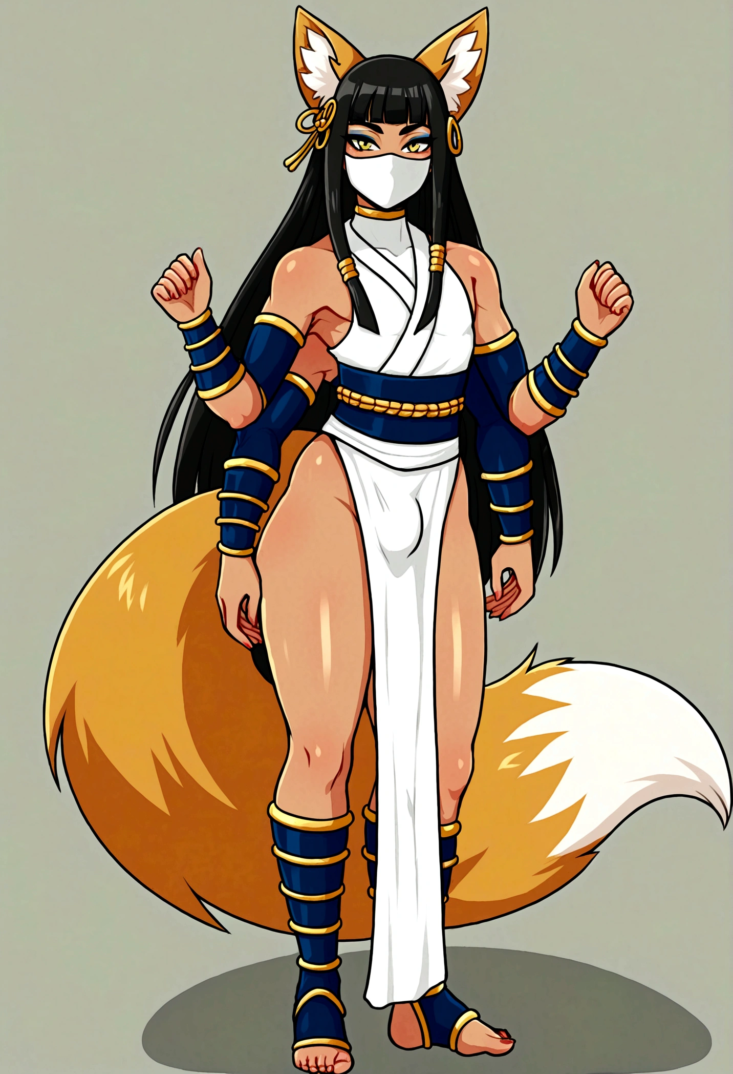 Femboy, fair skin, ninja outfit, ninja mask, fox ears, 9 fluffy tails, cleopatra long hair, 4 arms, full body.