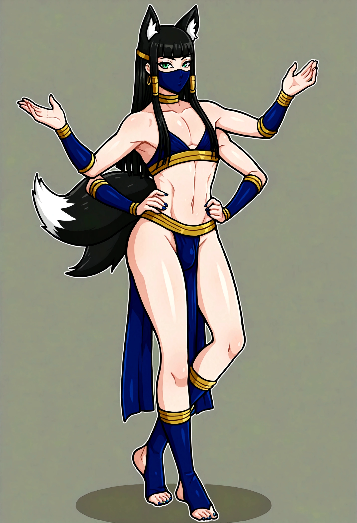Femboy, fair skin, ninja outfit, ninja mask, fox ears, 9 fluffy tails, cleopatra long hair, 4 arms, full body.