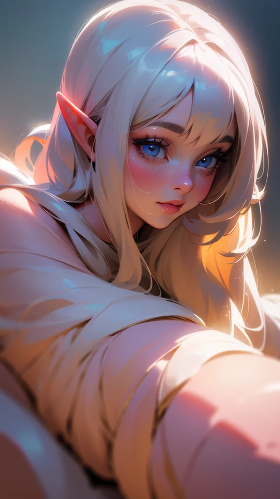 Little Lola elf, curved (best quality, 4K, 8k, high resolution, masterpiece: 1.2), ultra-detailed (realistic, photorealistic: 1.37), beautiful detailed eyes, beautiful detailed lips, extremely detailed eyes, extremely detailed eyes and face, long eyelashes, toony style, fluffy fur, playful expression, athletic body, curved silhouette, looking over the shoulder, pink and white color palette, soft lighting