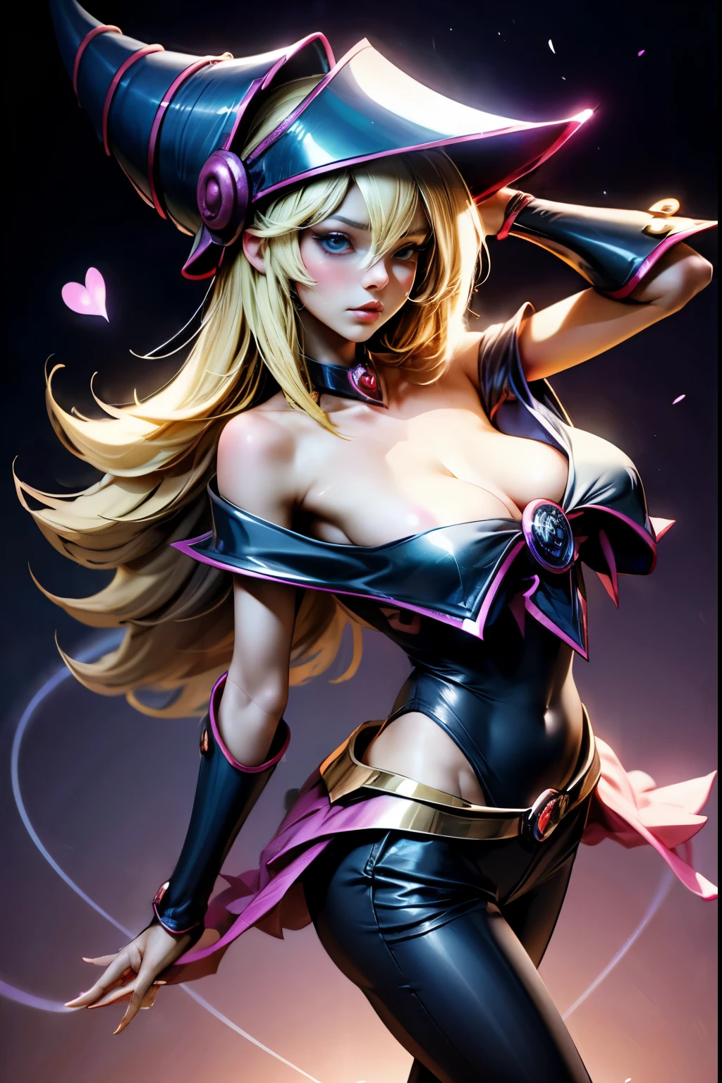 dark magician gils, with high-heels. pants, sexy, Subjective and sensual pose. magic background. Magical heart in the air. magic circle