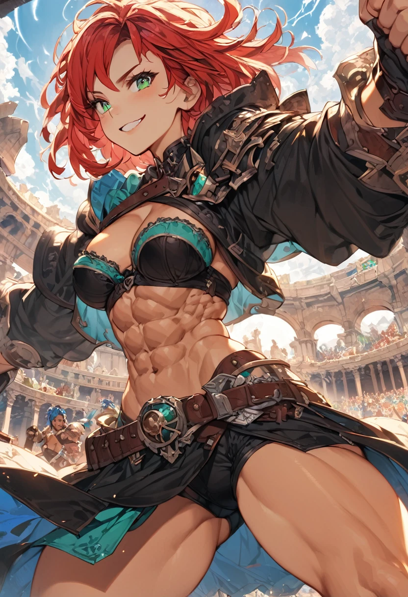 Adult female, fantasy, fantasy Colosseum, bloody, happy, bloody smile, perfect smile, highly detailed, very short red hair, emerald irises, barbarian, toned body, well-defined abs, thin black robes, fighting, perfect detail, perfect eyes, black pupils, vibrant eyes, thunder thighs