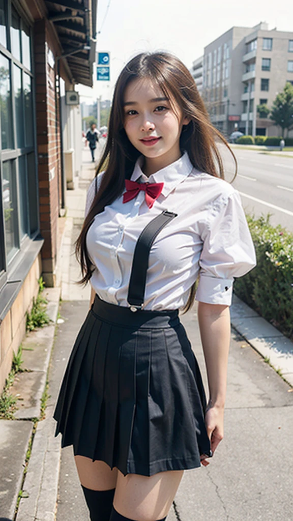 (8K, Raw photo, Best Quality, masutepiece:1.2), (Realistic, Photorealsitic:1.37), Ultra-detailed, 1 girl, Very cute girl,Beautiful detailed sky,Detailed abandoned school building,summer,(nose blush),Black knee-high socks,Ponytail,,(Mischievous smile:1.2),(Poses that seduce just a little bit:1.3),G Cup Breasts,Beautiful detailed eyes,(white shirt with a neat tight collar,,,Unexposed skin:1.2), bowtie,Pleated skirt,Floating hair,A slender,Junior high ,