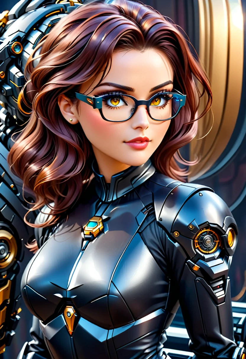 Arafed a picture of a human female spy, wearing dark suit, wearing ((mecha glasses: 1.5))exquisite beautiful female, dynamic eye color, dynamic hair color, dynamic hair style, glasses has intricate mechanical part in it, high society gala event background, (Masterpiece: 1.5),  Vibrant, Ultra-high resolution, High Contrast, masterpiece:1.2, highest quality, Best aesthetics), best details, best quality, highres, ultra wide angle, 16k, [ultra detailed], masterpiece, best quality, (extremely detailed), Mechanical Creatures