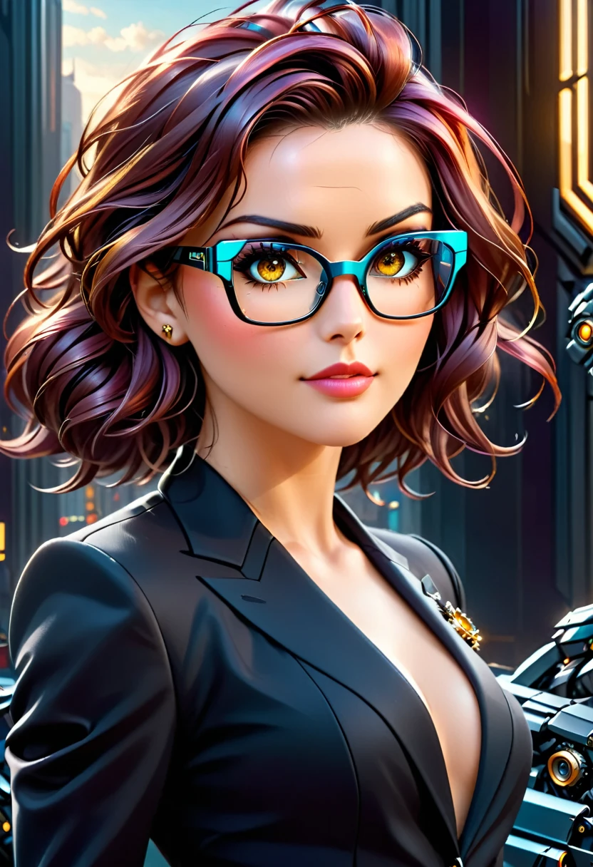 Arafed a picture of a human female spy, wearing dark suit, wearing ((mecha glasses: 1.5))exquisite beautiful female, dynamic eye color, dynamic hair color, dynamic hair style, glasses has intricate mechanical part in it, high society gala event background, (Masterpiece: 1.5),  Vibrant, Ultra-high resolution, High Contrast, masterpiece:1.2, highest quality, Best aesthetics), best details, best quality, highres, ultra wide angle, 16k, [ultra detailed], masterpiece, best quality, (extremely detailed), Mechanical Creatures