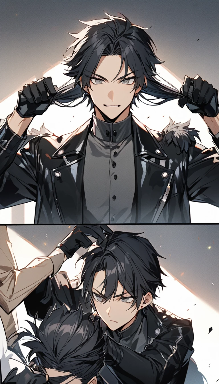 Beautiful, male, One, 1 male, medium black hair, Wolf cutting hair, With a bang, keen eyes, grey eyes, Black leather clothes, black jacket, black gloves
