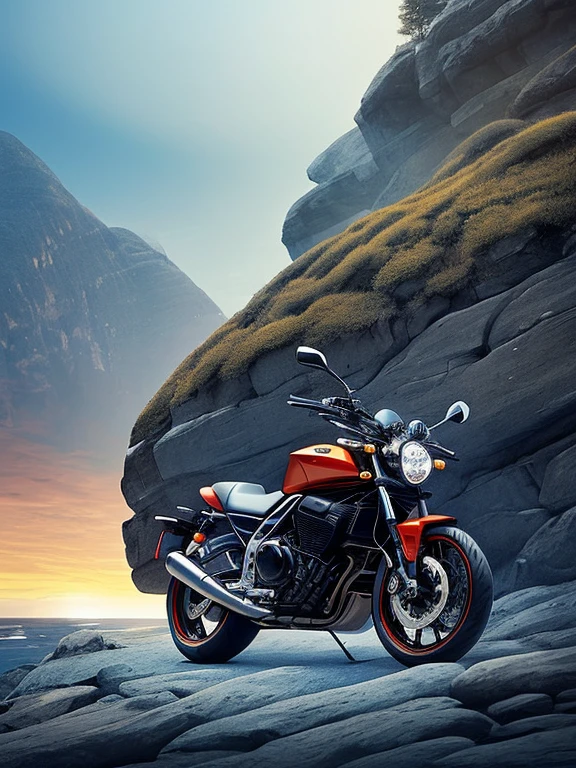 painting of a man riding a motorcycle on a rocky cliff, by Rudy Siswanto, cartoon digital painting art, by Johannes Helgeson, by Altoon Sultan, by Randy Gallegos, inspired by Rudy Siswanto, cartoon digital painting, Direction: Andrey Esionov, James Gurney painting style, by Igor Grabar, motorcycle concept art, biker, 8k