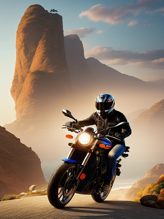 painting of a man riding a motorcycle on a rocky cliff, by Rudy Siswanto, cartoon digital painting art, by Johannes Helgeson, by Altoon Sultan, by Randy Gallegos, inspired by Rudy Siswanto, cartoon digital painting, Direction: Andrey Esionov, James Gurney painting style, by Igor Grabar, motorcycle concept art, biker, 8k