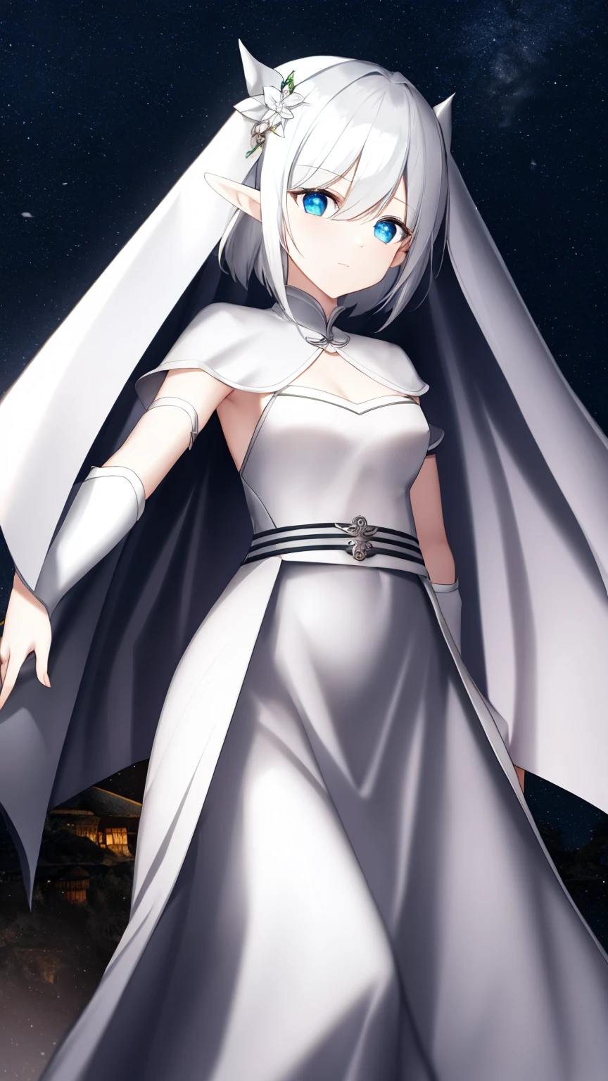 Highest quality:1.2)、1 Girl、Elf、Are standing、chest、short hair、Frielen、Fantasy、(landscape:0.5)、White Hair、White Robe