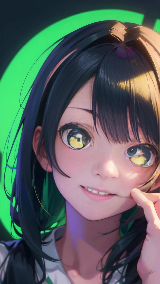 1 anime girl, (Best quality), (perfect face), (high detail), (1girl), (closeup), (headshot), a cute stoner girl smoking a joint, smiling, very high on life, smoke filled room, weed smoke, THC, (green eyes), (neon green 1:1), HDR,4K, 3D