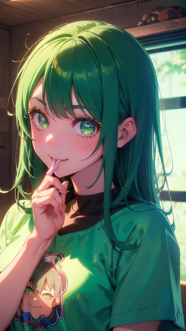 1 anime girl, (Best quality), (perfect face), (high detail), (1girl), (closeup), (headshot), a cute stoner girl smoking a joint, smiling, very high on life, smoke filled room, weed smoke, THC, (green eyes), (neon green 1:1), HDR,4K, 3D