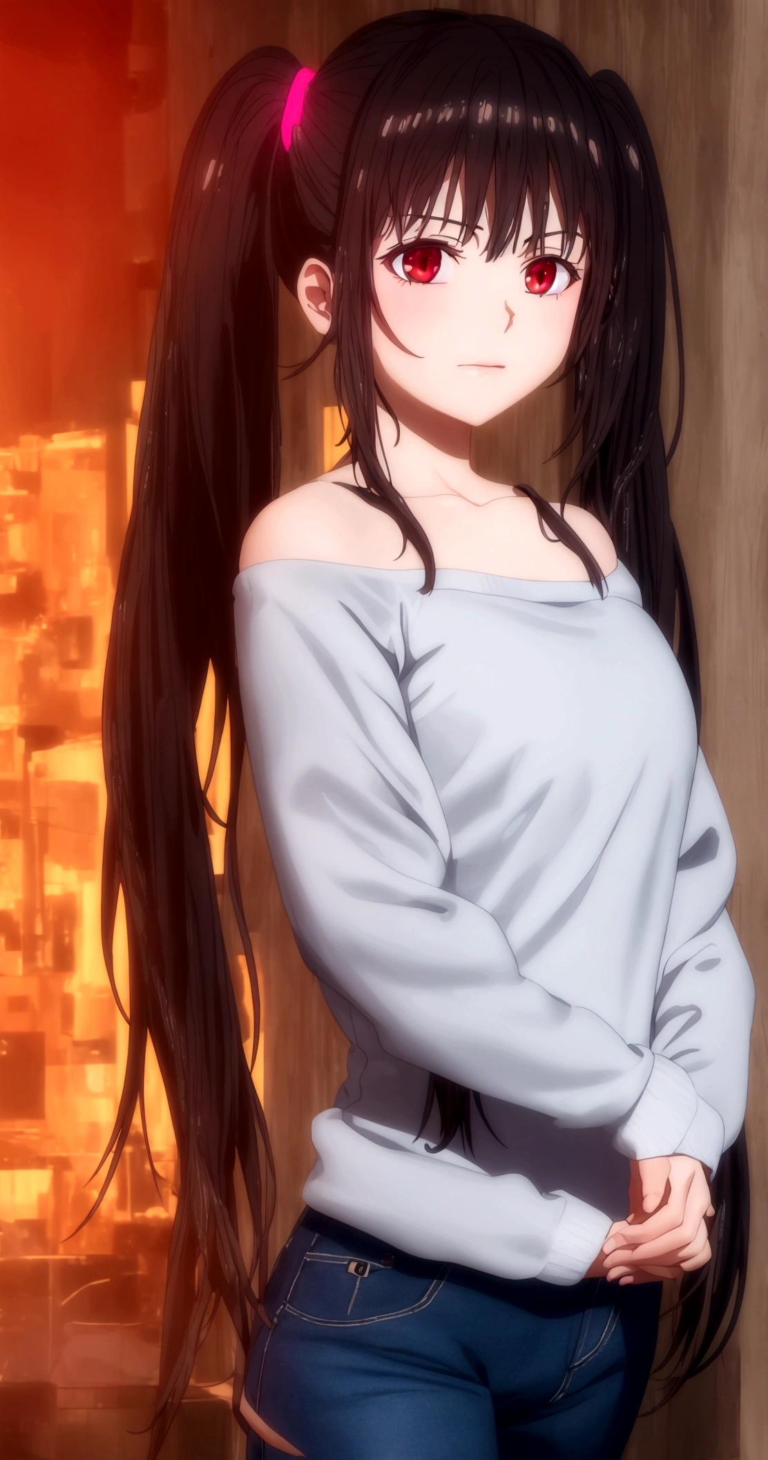 (top-quality, 8K, masterpiece:1.3) A photo of vibrant,
tokisaki kurumi, heterochromatic eyes, red eyes, yellow eyes, black hair, long hair, twintails, asymmetrical twintails,(hands behind back:1.3),
wearing a neon pink off-the-shoulder sweatshirt, high-waisted acid wash jeans, and white Keds,
standing in front of a retro-futuristic cityscape at dusk, with neon lights reflecting off the wet pavement,
taken with cowboy shot, portrait mode, highly detailed, detailed skin,
dramatic, warm, and moody neon-lit lighting with a hint of fog.