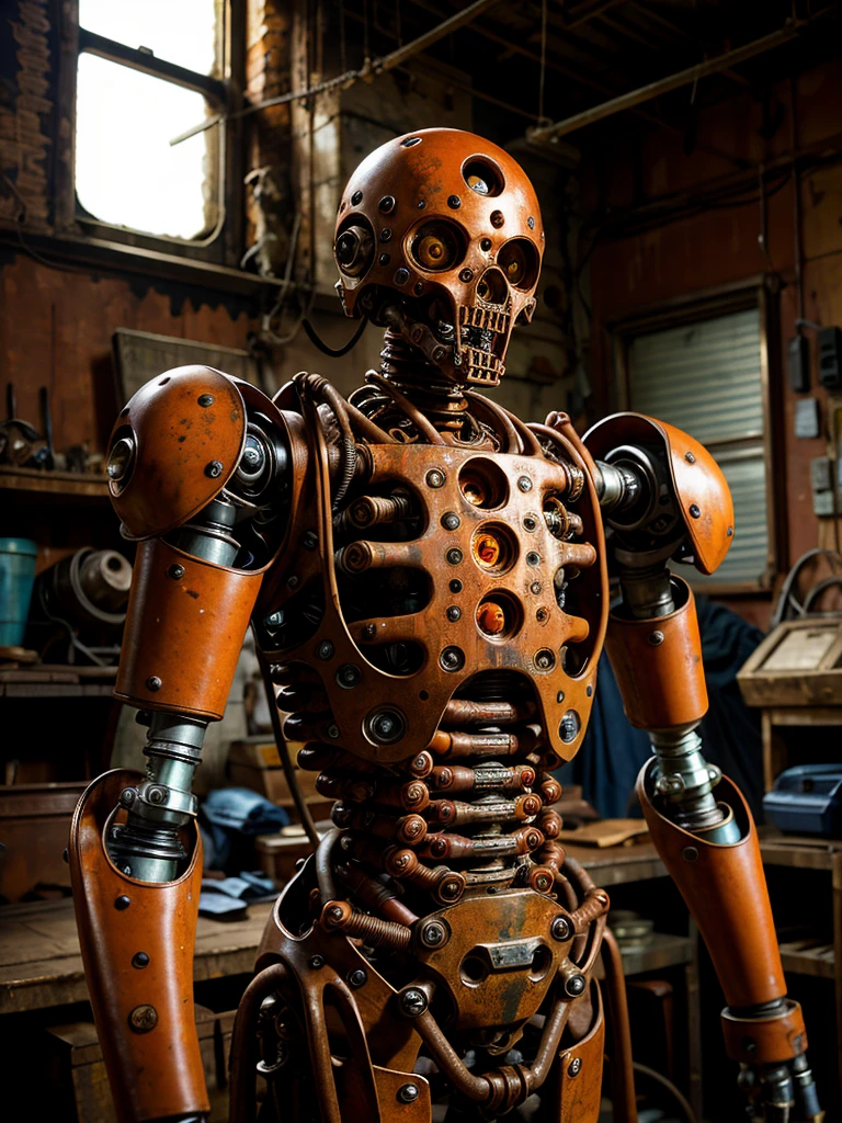 Old cyborg, rusty mechanical body, mechanical body parts, ((rust)), gloomy face, mechanical eyes, rusty exoskeleton, posing in a tattered workshop, looking at the viewer, gloomy atmosphere,