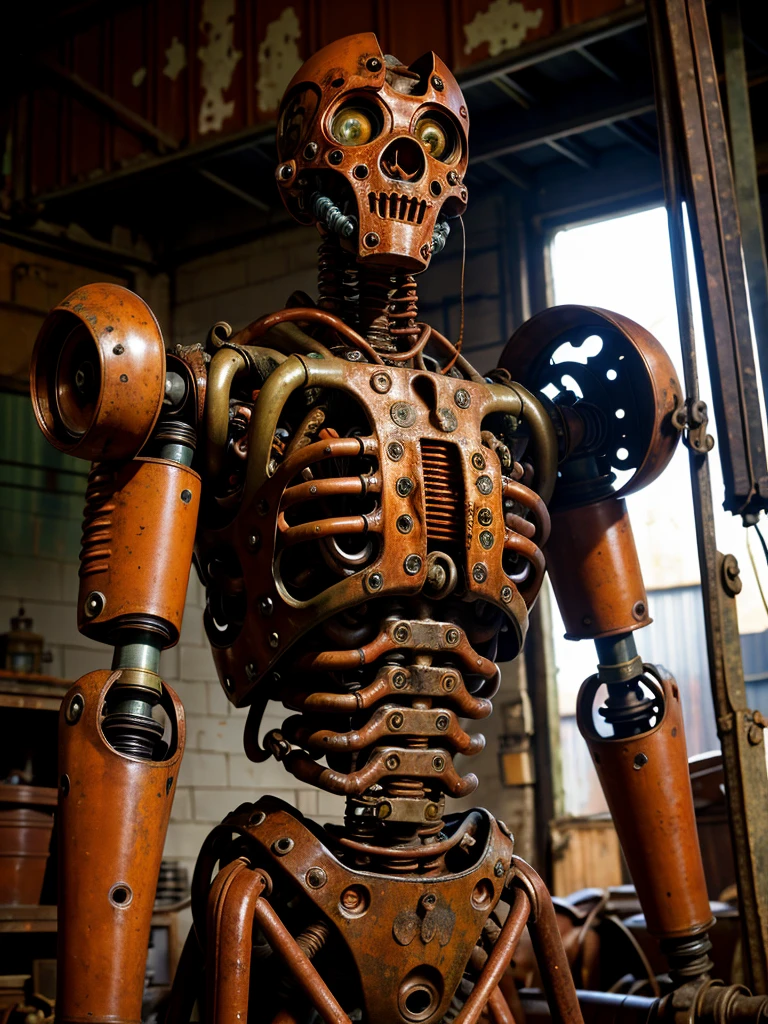 Old cyborg, rusty mechanical body, mechanical body parts, ((rust)), gloomy face, mechanical eyes, rusty exoskeleton, posing in a tattered workshop, looking at the viewer, gloomy atmosphere,