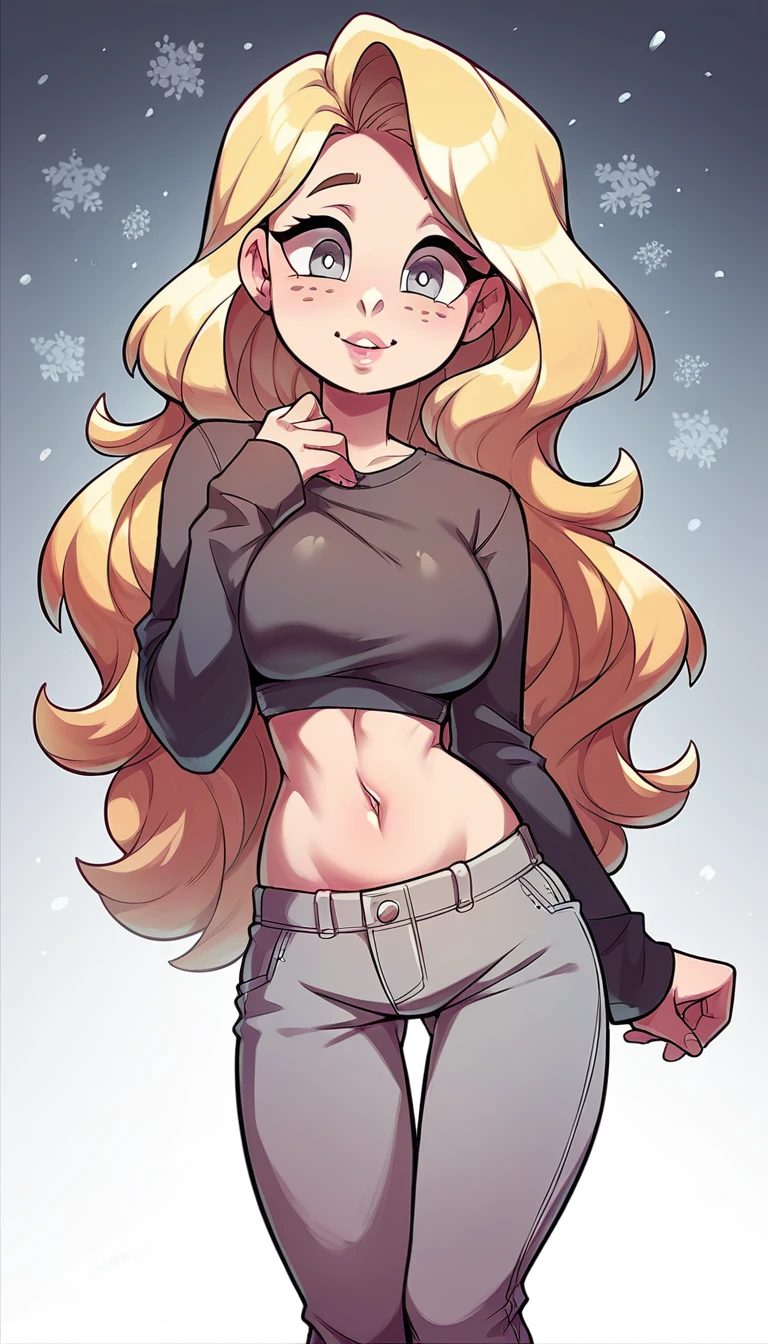 A sexy Asian Russian girl beautiful cute big breast long wavy dark blonde hair her round gray eye eyelash thin black pink lip soft cheeks she dresses dark gray top long sleeve shows navel and short gray pants pair of polar blue socks black snow boot