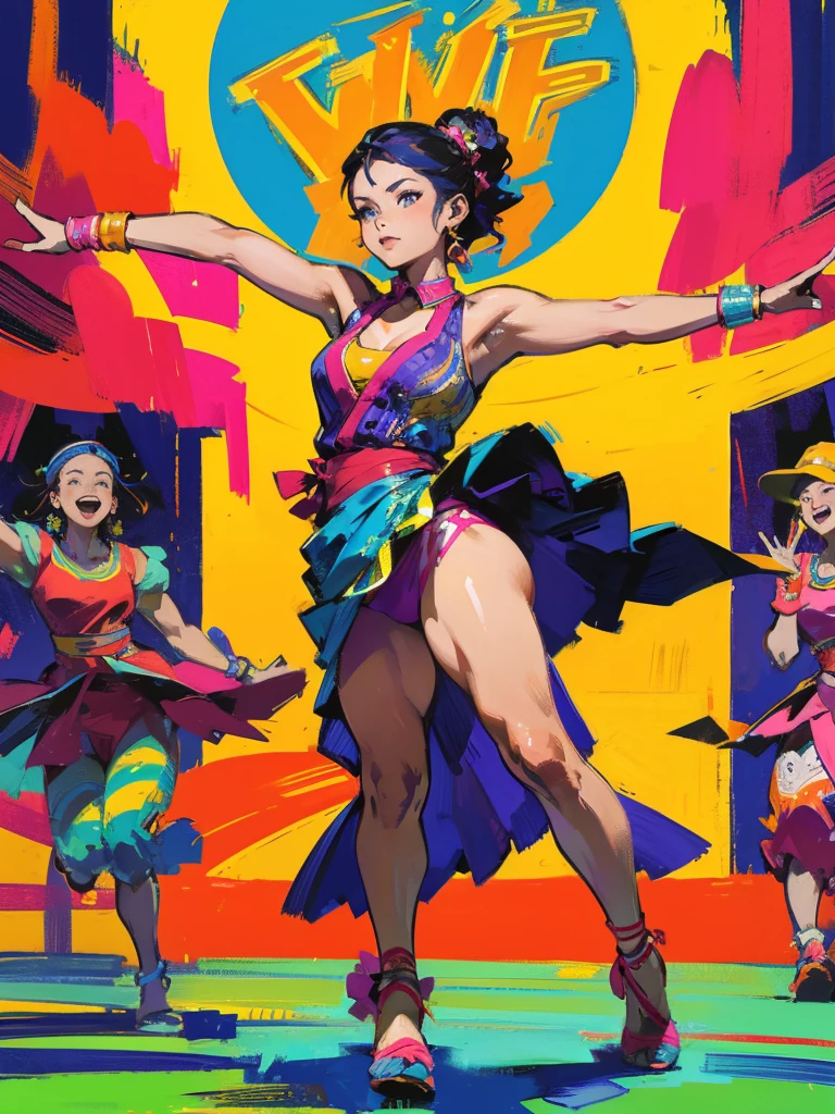 (masterpiece:1.2, top-notch), (flyer), (vibrant flyer with abundant text), multiple women dancing, 5 women, women silhouette, vivid colorful artworks, zumba dance style, well-dressed, masterpiece, high picture quality, dancing crowd, several individuals, Cozy, flyer, (highly detailed:1.2)