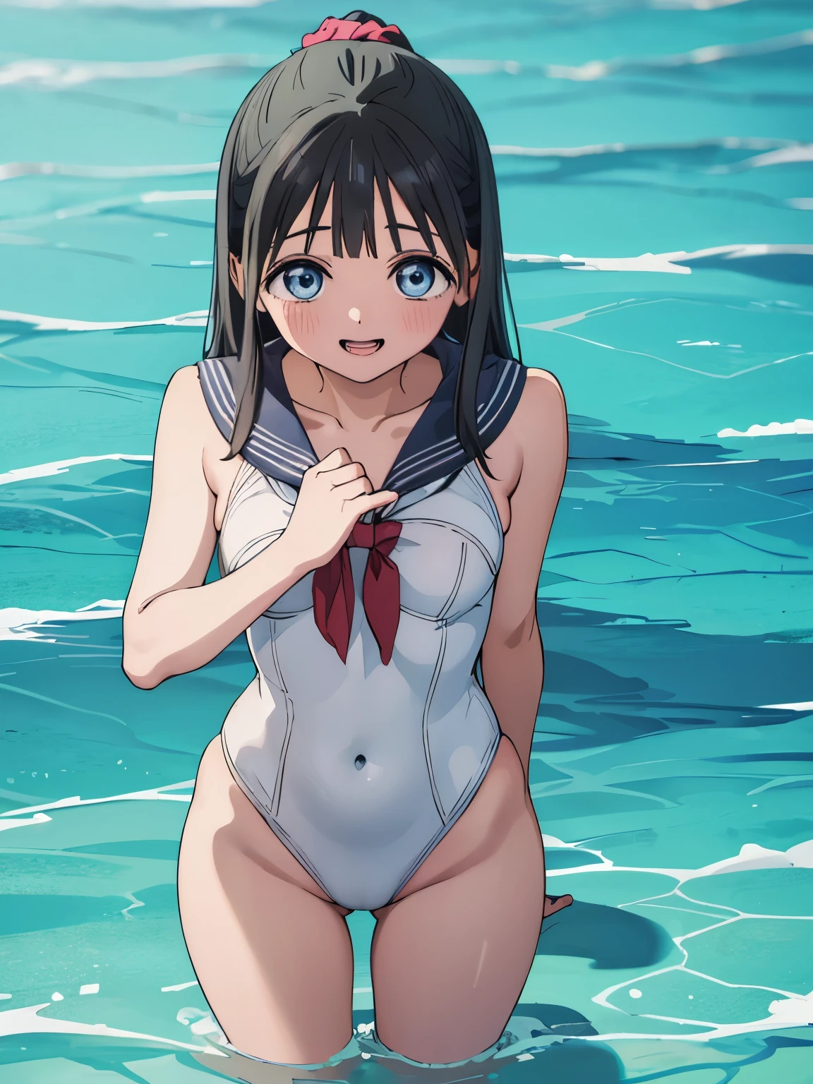 masterpiece, Highestquality, Very detailed, anime, girl,Night Pool,High cut swimsuit,笑face,:d,action,Ass Focus, akebi komichi, Sailor suit, Beach, 
Upright and immobile posture,Embarrassed laugh,Embarrassing、
White swimsuit,　Five perfect fingers、
hair ornaments, Hair Scrunchie, 
Low Ponytail,Long Hair,bangs, Black Hair, 鈍いbangs,big blue eyes,
1 girl, , 平らなchest, ,beautiful Finger,beautiful long legs,beautiful body,beautiful nose,beautiful character design, 完璧なeye, 完璧なface,表情豊かなeye,
View your audience, centered in picture,(Upper body_body),(彼女のfaceに注eye), (Innocent_big_eye:1.0),
Official Art,Very detailed CG Unity 8K 壁紙, Perfect Lighting,colorful, bright_front_face_Lighting,
(Tabletop:1.0),(Highest_quality:1.0), 超High resolution,4K,Very detailedな,
photograph, 8K, Hmph, High resolution, Absurd:1.2, Kodak Port 400, Film Grain, Lens flare, (Vibrant_color:1.2)
(beautiful,chest:1.4), (beautiful_face:1.5),(narrow_Waist), 青いSailor suit, Check it out, 大きなchest, delicious、I'm smiling at you、