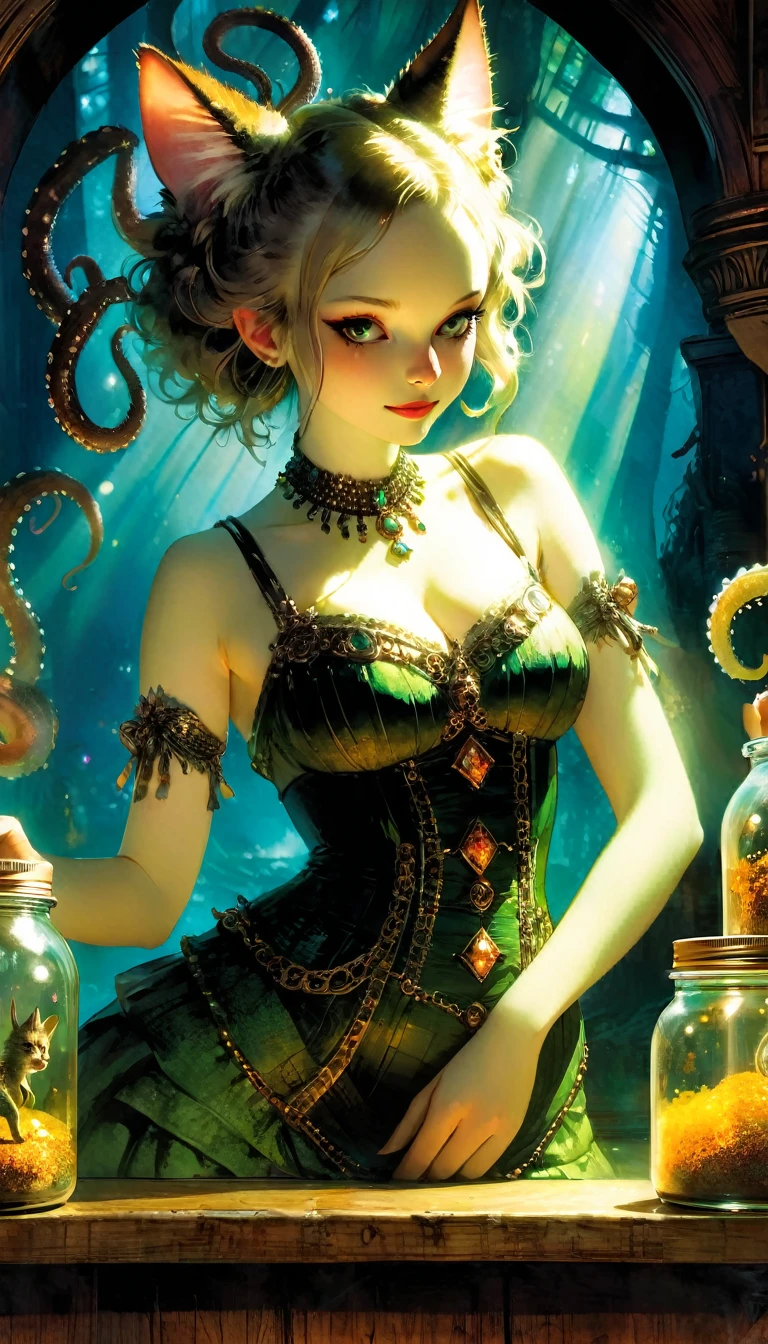 a sexy girl in a sexy dress attends the store at the counter, fantastic store, fantasy world, dark, disturbing, strange, unnatural, (Rembrandt Lighting: 1.3) light particles, lens flares, store with various tentacles inside jars large, side chest, forest cat on stage, upper body close-up, fantastic backgrounds, fantastic angles (masterpiece: 1.2), (best quality: 1.2), intricate details, newest, AI generated (Bill Sienkiewicz inspired art, intricate details, oil painting)