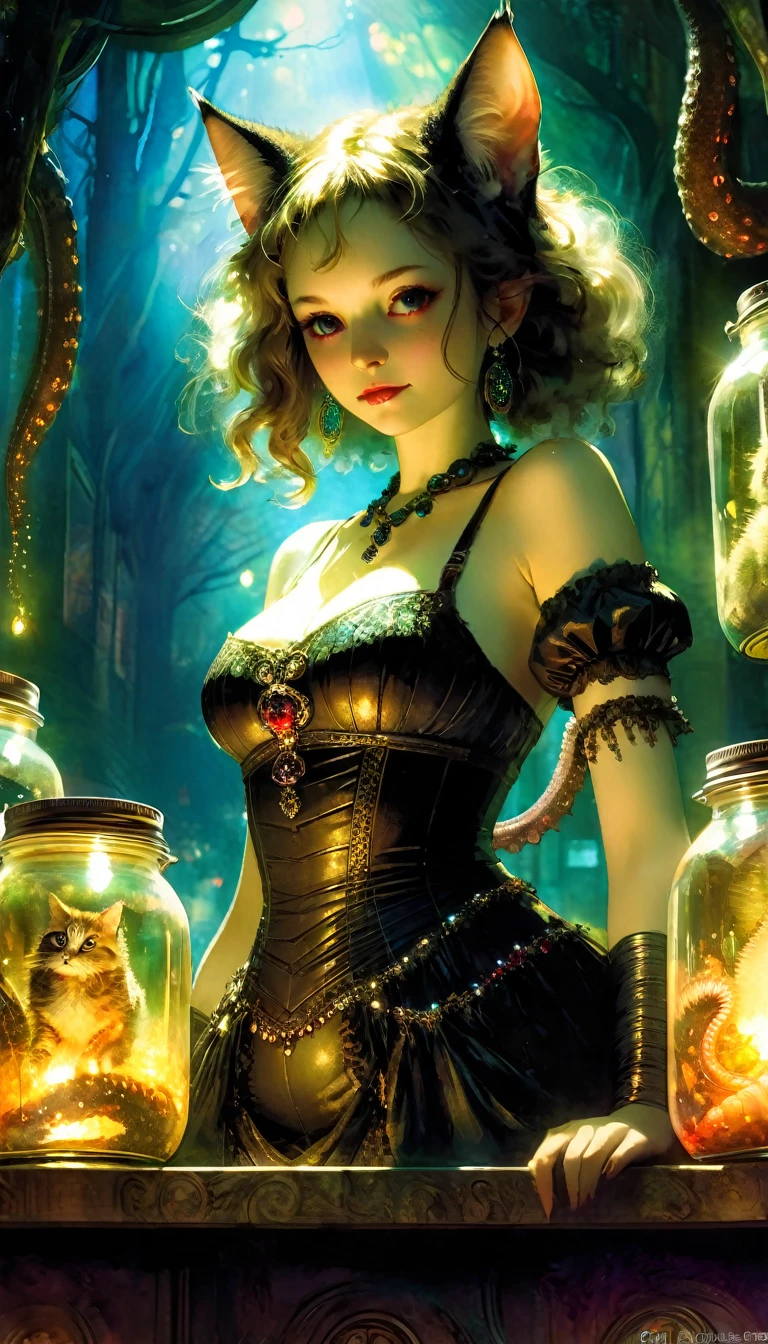 a sexy girl in a sexy dress attends the store at the counter, fantastic store, fantasy world, dark, disturbing, strange, unnatural, (Rembrandt Lighting: 1.3) light particles, lens flares, store with various tentacles inside jars large, side chest, forest cat on stage, upper body close-up, fantastic backgrounds, fantastic angles (masterpiece: 1.2), (best quality: 1.2), intricate details, newest, AI generated (Bill Sienkiewicz inspired art, intricate details, oil painting)