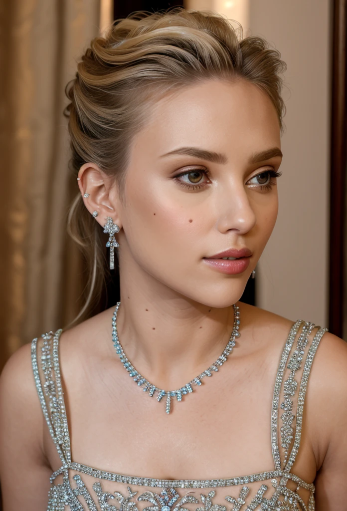 (masterpiece, best quality), intricate details, realistic, photorealistic, a close up of a woman wearing earrings, inspired by, draped in crystals, silver color, long earrings, sandra chevier, huge earrings, platinum jewellery, earring, flawless structure, silver earring,
