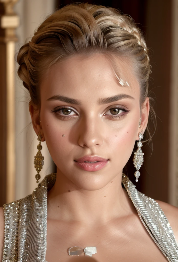 (masterpiece, best quality), intricate details, realistic, photorealistic, a close up of a woman wearing earrings, inspired by, draped in crystals, silver color, long earrings, sandra chevier, huge earrings, platinum jewellery, earring, flawless structure, silver earring,  